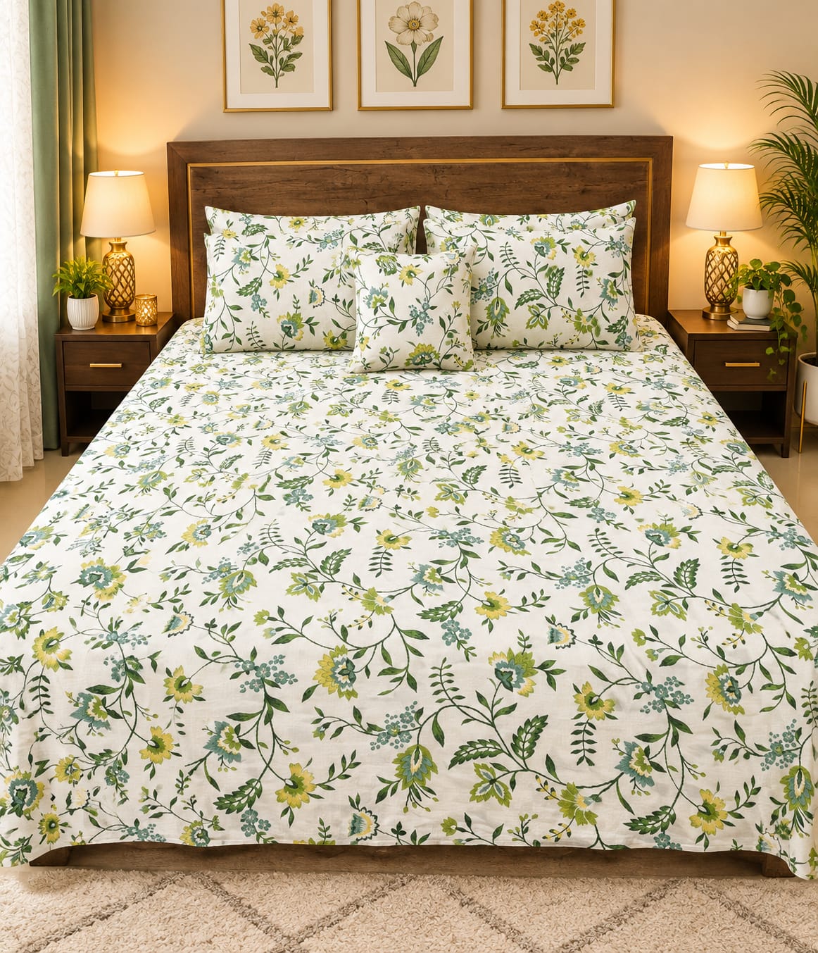 Chaman Green Floral Premium Bedsheet Set