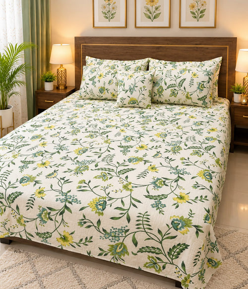Chaman Green Floral Premium Bedsheet Set
